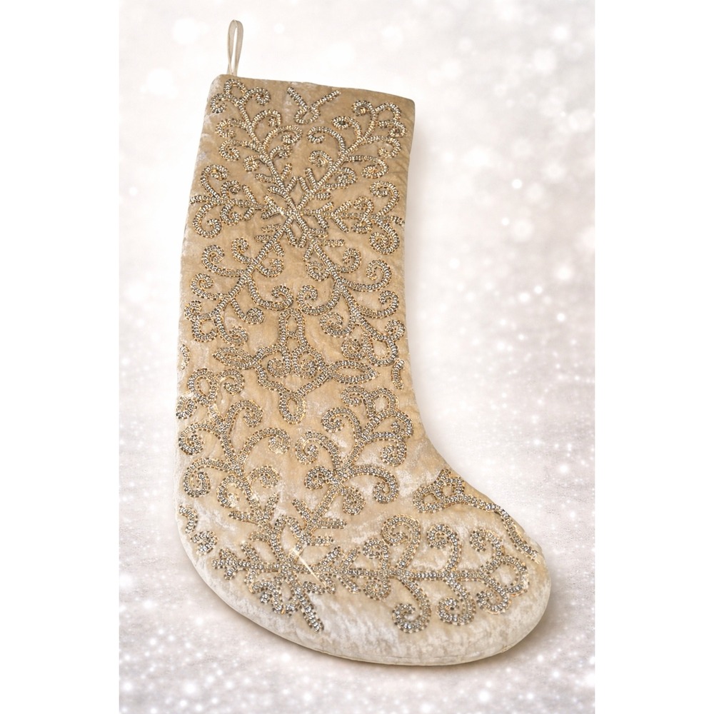 Tahari Home Christmas Stocking Champagne Velvet Beaded Snowflake Scroll 20"